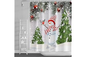 SDOTPMT 105x160cm Lindo Muñeco de Nieve Cortina de Ducha Navidad Árbol Rojo Blanco Rayas Sombrero Bufanda Cortina de baño De Madera Tablón Cortina bañera para Baño Poliéster con Ganchos