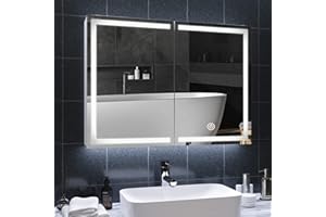 ‎DICTAC DICTAC Spiegelschrank Bad mit LED Beleuchtung und Steckdose Doppelspiegel 80x13.5x60cm Metall mit Ablage,Badschrank mit Spiegel,3 Farbtemperatur dimmbare,Berührung Sensorschalter,Weiß