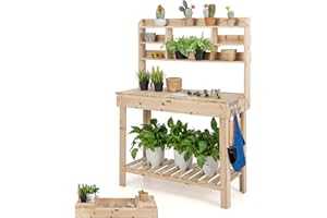 COSTWAY Pflanztisch mit Aufklappbarer Tischplatte, Gärtnertisch Holz, Arbeitstisch mit 3 Haken & Ablagen, Blumentisch für Terrasse Garten Balkon, 108 x 50 x 153 cm, Gartentisch Natur
