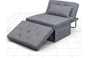 FLEXISPOT Folding Sofa Bed, 4-in-1 Convertible Sleeper Sofa Chair with 6 Position Adjustable Backrest and Pillow for Living Room, Load Capacity 300 KG, Grey