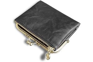 AOXONEL Womens Wallet Small RFID Ladies Compact Bifold Leather Vintage Coin Purse with Zipper and Kiss Lock (Grey)