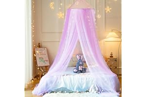 Wnqou Pink Purple Bed Canopy with Warm Fairy Lights for Girls Bed Net,Princess Hanging Netting for Kids Bed Room Decor Mosquito Net for Baby Crib, Twin to King Size Bed