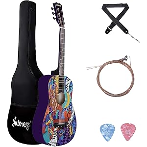 Juarez Acoustic Guitar, 38 Inch Cutaway JRZ38C/PP - Retro Hippie Funky Design, Complete Set with Bag
