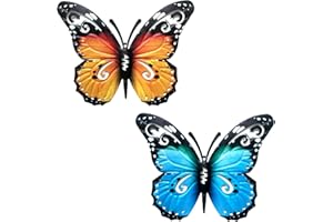 YOUDALIS 2Pcs Metal Butterfly Wall Decor 3D Butterfly Hanging Wall Decor Sculpture Colorful Garden Wall Ornaments Art Decor for Balcony Living Room Outdoor Fence