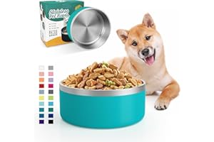 IKITCHEN Cuenco para perros para comida y agua, cuenco de acero inoxidable de 1,2l, antideslizante, aislamiento de doble pared con parte inferior de goma para perros/gatos mediano/grande(40oz/5tazas,azul lago)