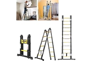 LARS360 Scala telescopica pieghevole, 3,8 m, in alluminio, antiscivolo, 12 pioli, portata 150 kg, scala multifunzione singola (nero-giallo, 1,9 m + 1,9 m con ruote)