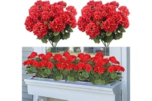 Laelfe 4 Bouquets Géranium Artificiel Rouge pour Extérieur, Faux Geranium Fausse Fleur Geraniums pour Extérieur, Intérieur, Balcon, Jardinière, Maison, Jardin, Terrasse, Table (Rouge)