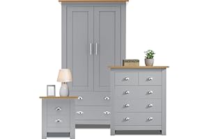 Blisswood 3 Piece Bedroom Furniture Set, 2 Door Wardrobe & 3+2 Drawer Chest of Drawer + 2 Drawer Bedside Table Cabinet Bedroom Set for Bedroom Storage furniture (Grey & Oak)