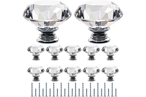 Furniware Clear Crystal Door Knobs, 12 Pcs 50mm Crystal Glass Door Drawer Knobs Diamond Cut Drawer Handles with 3 Sizes Screws for Cupboard Cabinet Wardrobe Home Decorating