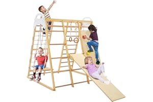 COSTWAY Kids Climbing Frame, Wooden Playground Jungle Gym with Slide, Climbing Rock/Net, Monkey Bars, Rope Ladder and Swing, Indoor Climber Playset for Toddlers (Natural)