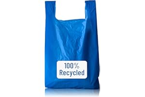 PWgoods 100% Recycled Plastic Carrier Bags - Blue, Large 11 x 17 x 21, Heavy Duty 22mu, 100 Pack, Easy Tie Handles, Takeaway Shopping Retail Grocery Bin Bag