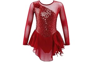 dPois Robe de Patinage Artistique Enfant Fille Robe de Danse Classique Manches Longues Paillettes Brillants Justaucorps Gymnastique Gym Ballet 4-14 Ans