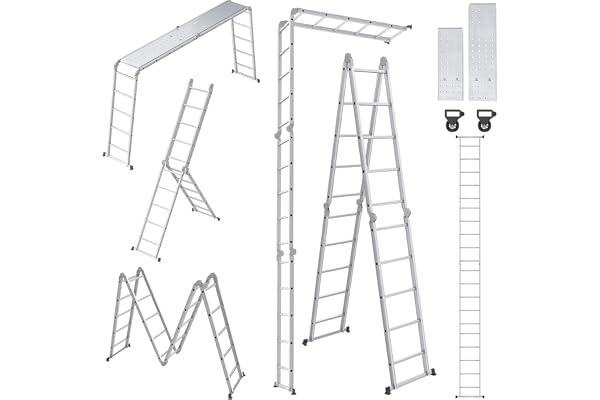 UISEBRT multifunktionell stege 4 x 5 aluminium med plattform, 6-i-1 multifunktionsstege, 550 cm, hopfällbar stege, aluminiumstege, kombistege, multifunktionsstege upp till 150 kg