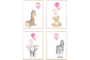 MeinBaby123® Set di 3 poster per cameretta dei bambini, formato DIN A4, immagini da parete, decorazione per la cameretta dei bambini, poster da parete di alta qualità (animali e palloncini rosa)