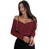 Sugathari Women's Ribbed Solid Open Cold Off Shoulder Long Sleeve Lettuce Hem Casual Autumn Trim Tight- Slim Fitting Ruched F