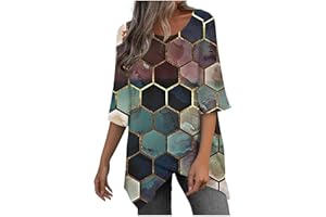 TOPASSION Womens T Shirts, Scoop Neck Women 3/4 Sleeve Spring Tops Retro Floral Printed Hem Irregular Ribbed Women'sblouses & Shirts Business Office Top for Spring WomenBlouse