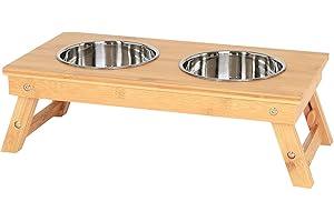lionto Gamelle pour Chien réglable en Hauteur en Bambou Robuste, 45x23 cm, Hauteur 14,5-18,5 cm, Double écuelle pour Chiens et Chats avec 2 Bols INOX Ø 15 cm, 700 ML chacun, Passe au Lave-Vaisselle