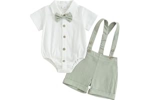 Geagodelia Tenue Gentleman Bébé Garçon de 2 Pièces, Body Chemise à Manches Courtes + Shorts à Bretelles, Ensemble Gentleman Baptême Mariage Cérémonie