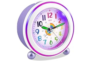 Ayybboo Réveil Enfant Fille Garçon,Horloge Analogique Pédagogique sans Tic-Tac avec Veilleuse et Snooze,Cadeau pour Chambre d'enfant, École, Anniversaire (Lavande)