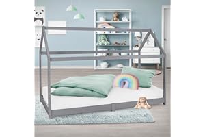 ‎ML DESIGN MODERN LIVING ML-Design Kinderbett 90x200 cm mit Dach und Lattenrost, Hellgrau, Hausbett für Mädchen und Jungen, Kinderhaus aus massivem Kiefernholz, Stabiles Jugendbett, Massivholz Kinder Bett Bettenhaus Spielbett