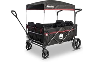 elvent® WagonPro City Bollerwagen/Handwagen faltbar mit Dach I 4 Sitzplätze | groß I Sitzpolster, Hecktasche, Feststellbremse, 5-Punkt-Gurt I für 4 Kinder (Schwarz)