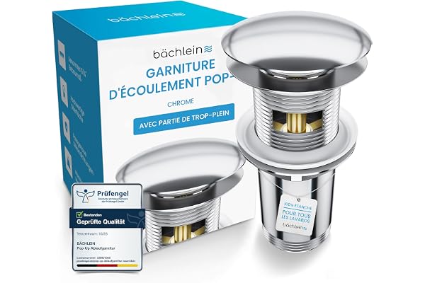 Bächlein Bonde Universelle avec Trop-Plein pour Lavabo et Évier – Valve Pop-up Chromée – 3 Joints pour Lavabos de Tous Genres Inclus, Valve d’Écoulement Bonde - Montage avec Mode d’Emploi