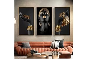 LOOU Juego de 3 cuadros en lienzo dorados y negros, cuadros en lienzo para mujer, decoración africana para salón o dormitorio (50 x 100 cm)