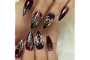 GlamRays 24 sztuki Press on Nails średni migdał pająki charms sztuczny paznokieć czerwony gradient sztuczny paznokieć z wzorem pajęczyny czarny matowy akryl błyszczący klej do paznokci