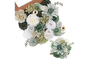 Kisflower Green Artificial Flower Combo Fake Rose Faux Dahlia Flowers with Stems for DIY Wedding Bridal Bouquet Party Home Decorations