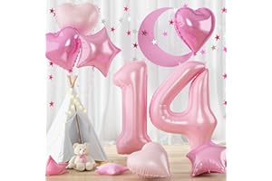 GOVPY Baby Pink 14 Balloon Number, Mylar 40'' 14 Balloon with Heart Star Light Soft Pink Balloon Princess Party Decor, Large 14 Foil Ballloon Set for Girl 14th Birthday Party Anniversary Decoration Supplies