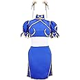 DAZCOS Women's US Size Game Fighter Cosplay Costume Blue Cheongsam with Hair Accessories and Waistband