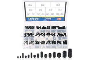 Glarks 450Pcs M3/M4/M5/M6/M8 Allen Head Socket Set Screw, 12.9 Class Black Alloy Steel Internal Hex Drive Grub Screw Assortment Kit