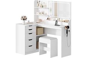 TRIUMPHKEY Schminktisch mit Spiegel, Eck Frisiertisch mit LED Beleuchtung Verstellbarer Helligkeit und hocker, Kosmetiktisch mit 5 Schubladen, Steckdose, Haartrocknerhalter (Weiß)