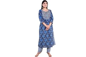 Traditional Jaipur Damen Baumwolle Stilvolle Kurti mit Border Pant 3/4 Ärmel Schönes Kleid