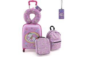 DREAMADE Valise Enfant 16" et Sac à Dos 13" avec Oreiller Cervical&Sac-Repas Isolé&Étiquette,Bagage à Main Enfants 5 Pièces avec 4 Roues à 360°,Ensemble Valise Roulette Garçon Filles (Licorne Rose)