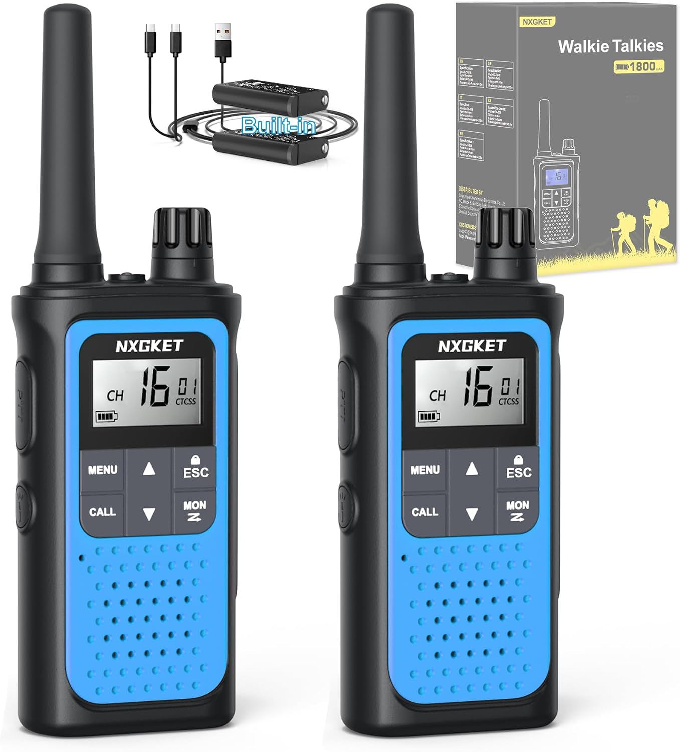 NXGKET Walkie Talkies for Adults Long Range,2Pcs PMR446 Rechargeable walkie talkie w/Built-In Batteries,16 Channels Radios with USB Type-C Cable,VOX Hand-free Auto Squelch for Outdoor Camping Hiking