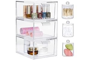 Greentainer 3Pack Stapelbare Aufbewahrungsschubladen mit 3 Qtip Halter,Transparente Acrylic Drawer Organiser mit Griffen für Badezimmer,Schminktisch,Schreibtisch,Make-up,Kosmetik-Organizer-Schubladen