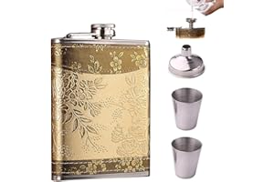 Whcctl Flasque Alcool Acier Inoxydable, Flasque Inox 8oz, Flasque pour Whisky, Flasque de Poche Portable en Acier Inoxydable, Avec Entonnoir, Verre Vin, Boite Cadeau, pour Voyage Camping Pêche (Gold)