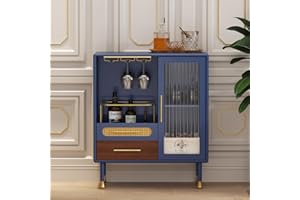 HOLTICO Drinks Cabinet, Blue Coffee Bar Cabinet with Wine Glass Racks and 2 Drawers, Modern Wooden Buffet Sideboards for Living Room, Kitchen, Dining Room