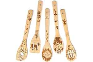 PULUOLE Juego de 5 cucharas de madera para cocinar, decoración de cocina de Harry Potter, espátula de bambú HP para accesorios de cocina de granja, regalos para inauguración de la casa, boda, Navidad