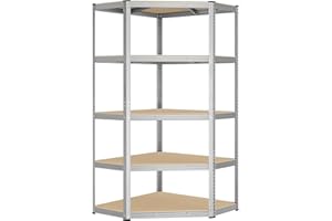 SONGMICS Scaffale Angolare a 5 Ripiani, Scaffalatura ad Angolo in Acciaio per Carichi Pesanti, per Garage, Ripostiglio, Magazzino, Portante 875 kg, Argento Pallido e Beige Naturale GLR080E01