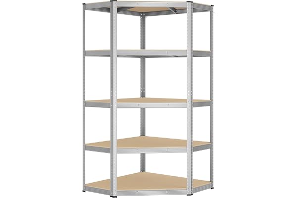 SONGMICS Hörnhylla 5 nivåer, garagehyllor, slitstark metallhyllenhet, för garage, förråd, lager, laster 875 kg, silver och naturlig beige GLR080E01