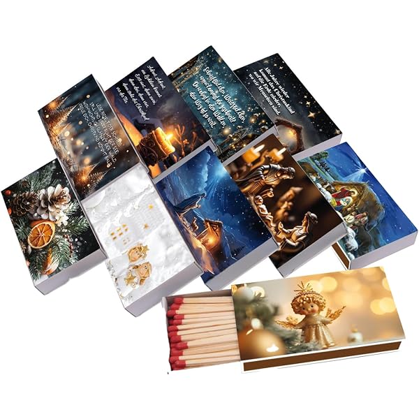 Kaminhölzer Weihnachts-Deko Box – 45 Stück, Streichholzlänge 9,5cm, Mit Weihnachtssymbolen Rot, Box 11x6,3cm, Für Tischdekoration