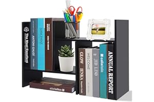 Hossejoy Desktop Organiser Office Storage Rack Adjustable Wood Desk Organizer Display Shelf, Countertop Bookcase Desktop Bookshelf- Free Style Double H Display (Black)