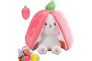 OOTDAY Easter Bunny Stuffed Animal Plushie,Hide And Seek Bunny Plush Toy,Cute Rabbit Plush Toys,Floppy Ear Reversible Bunny Hide-And-Seek Bunny Carrot Pillow Plush-Strawberry Rabbit||18cm