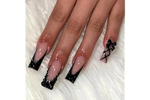 GlamRays Pack of 24 Square Shaped Press On Nails with Black French Tips, Black Rhinestones and Bow Design, Suitable for All Women, for Party, Celebration