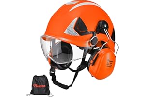 SAFEYEAR Pro Casco Forestale con Cuffie Regolabili, Visiera a Maglie & Occhiali Antiurto. M-5009OR Casco di Sicurezza EN397 per Motoseghe, Lavori Forestali, Edile e Industria.