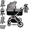 Lorelli Baby Stroller Glory 2 in 1, Pushchair, Pram for Newborn, Buggy, Foldable Travel System from Birth up to 4 years or 22kg, Reclining Backrest, Large Rubber Tires, Suspension, Footcover, Grey