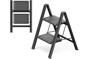 GameGem Escabeau 2 Marches pour Adultes, Échelle Pliante avec Base Antidérapante, Marches Élargies, Design Esthétique s'Intégrant Parfaitement aux Intérieurs Domestiques