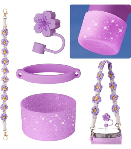 NiHome Stanley Tumbler Accessory Set - Handle, Silicone Ring, Straw Plug, Glitter Base (Purple)